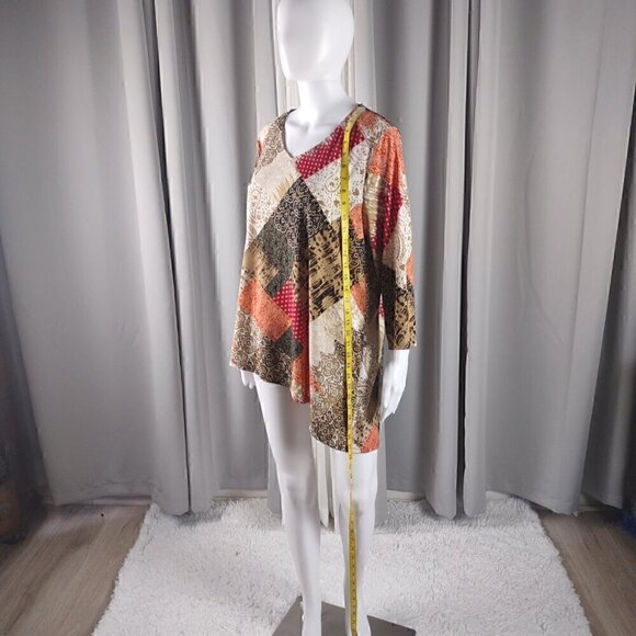 Chico's Women's Bohemian Patchwork, Asymmetrical Hem Pullover Blouse Size 2 (L) - Picture 5 of 15
